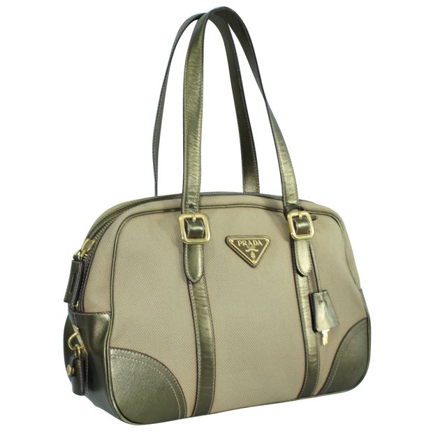

Prada Bronze Canvas Saffiano Leather Shoulder Bag, Metallic