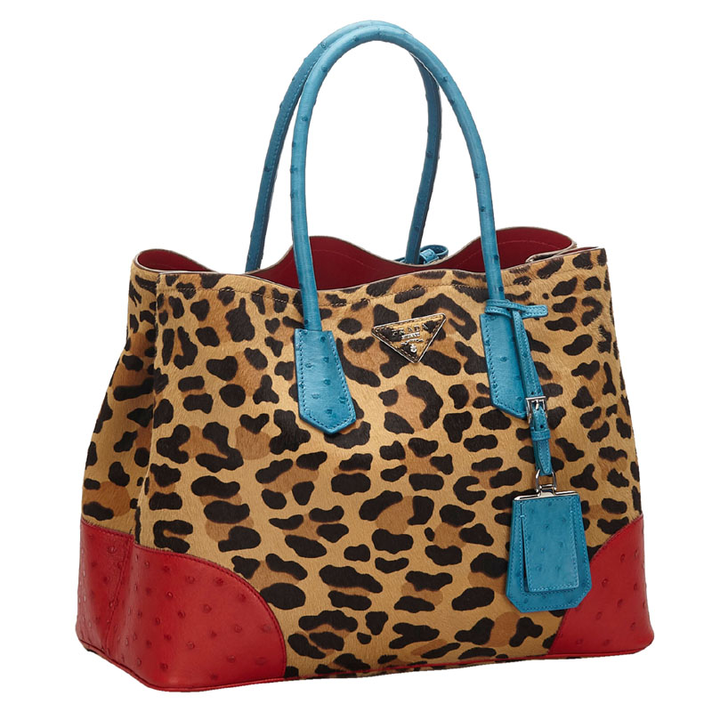 

Prada Brown/Red Fur Leather Leopard Print Ostrich Double Tote Bag