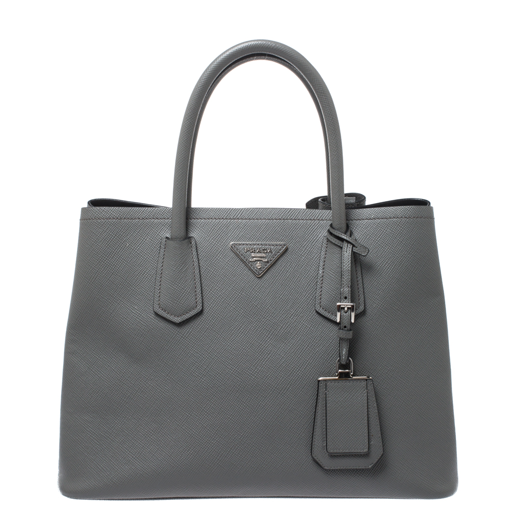 Pre Owned Prada Grey Saffiano Cuir Leather Medium Double Handle Tote