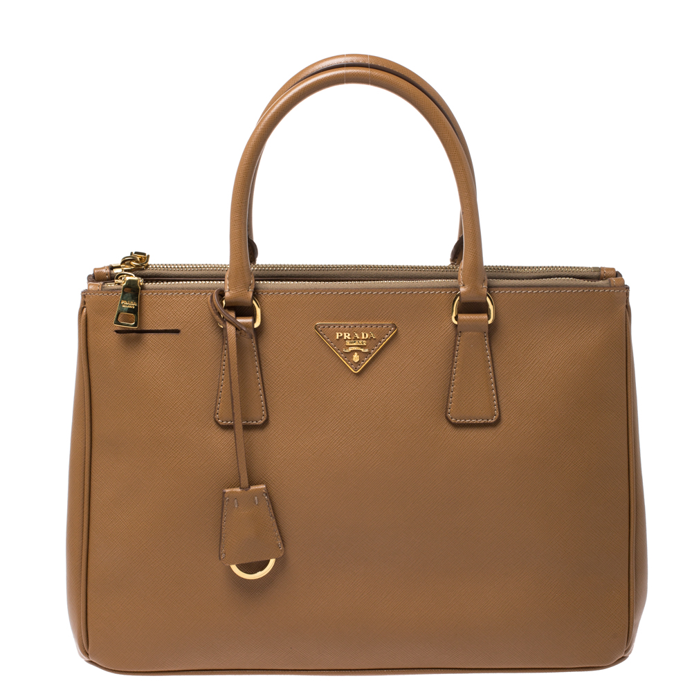 Pre Owned Prada Tan Saffiano Lux Leather Medium Galleria Double Zip Tote
