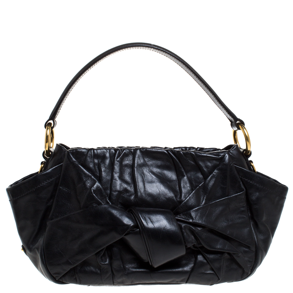 Prada Black Pleated Leather Bow Shoulder Bag Prada | TLC