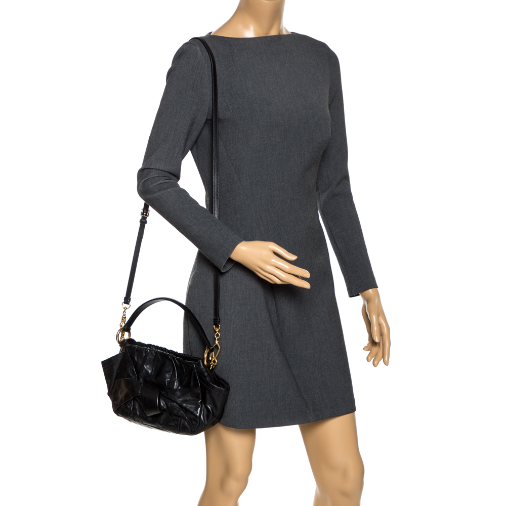 

Prada Black Pleated Leather Bow Shoulder Bag
