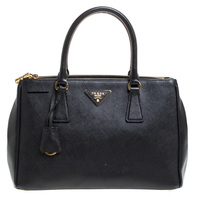 Pre Owned Prada Black Saffiano Lux Leather Small Double Zip Tote