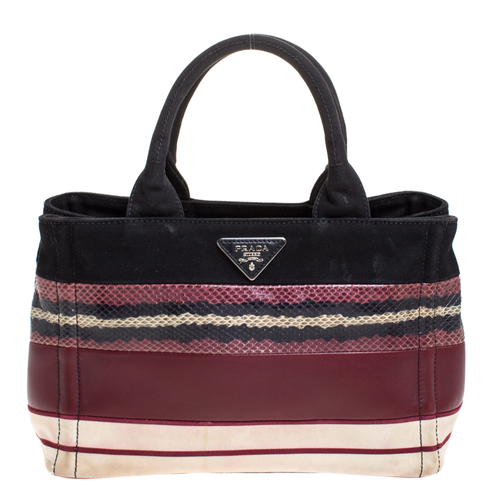 Pre Owned Prada Multicolor Striped Canvas Leather and Python Tote