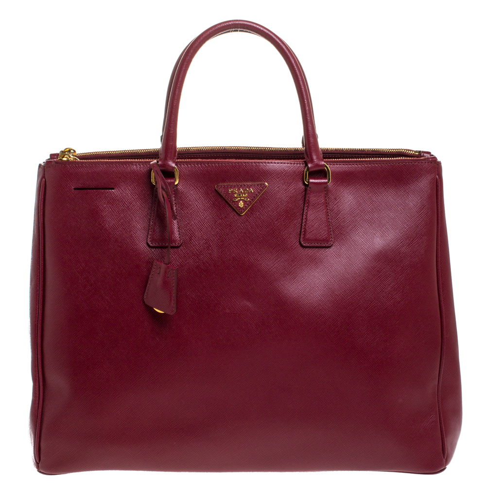 Pre Owned Prada Burgundy Saffiano Leather Executive Double Zip Tote