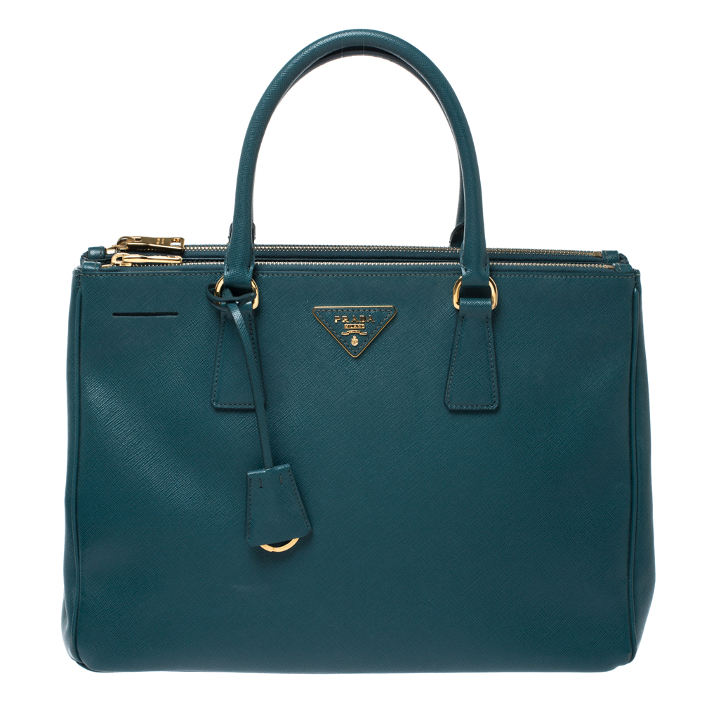 Pre Owned Prada Green Saffiano Lux Leather Large Double Zip Tote