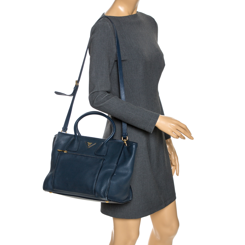 

Prada Blue Vitello Daino Leather Front Pocket Convertible Tote