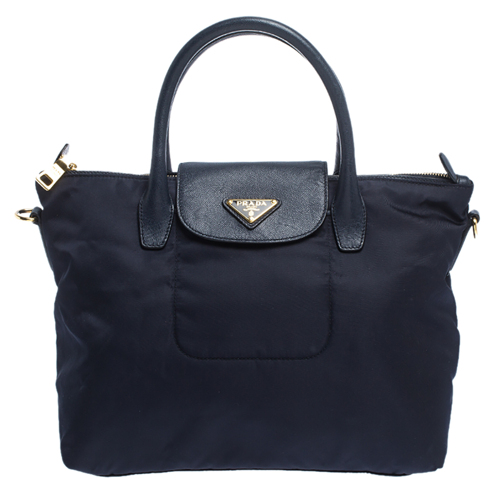 Pre Owned Prada Navy Blue Nylon And Saffiano Leather Medium Tote