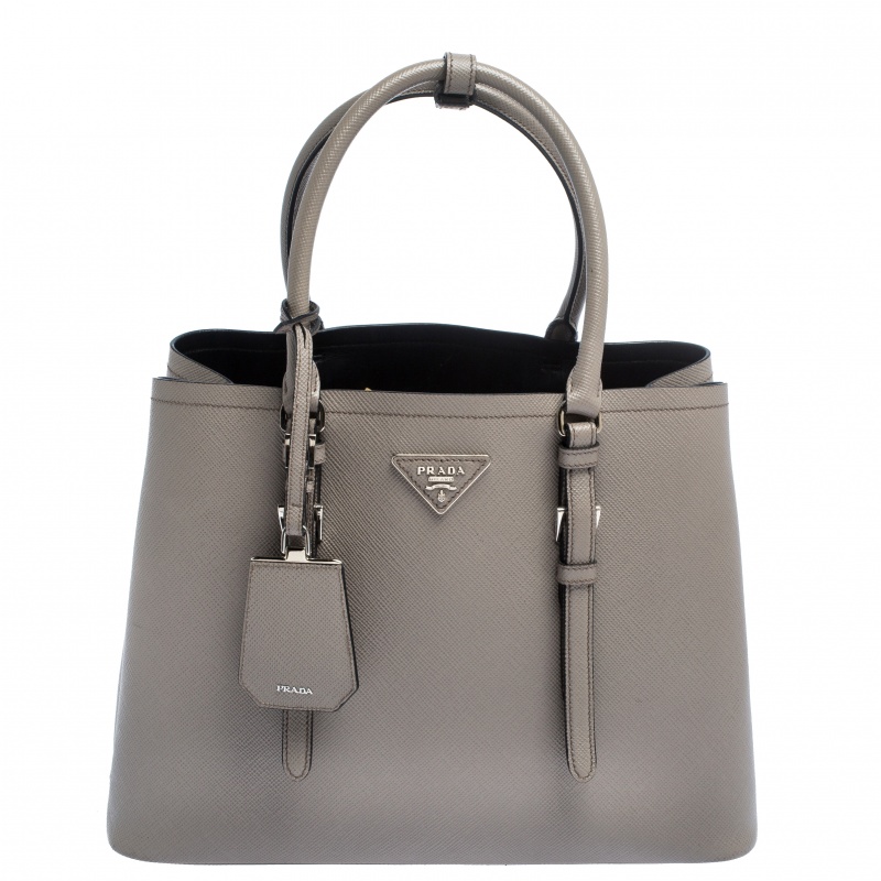 Pre Owned Prada Grey Saffiano Cuir Leather Medium Double Handle Tote