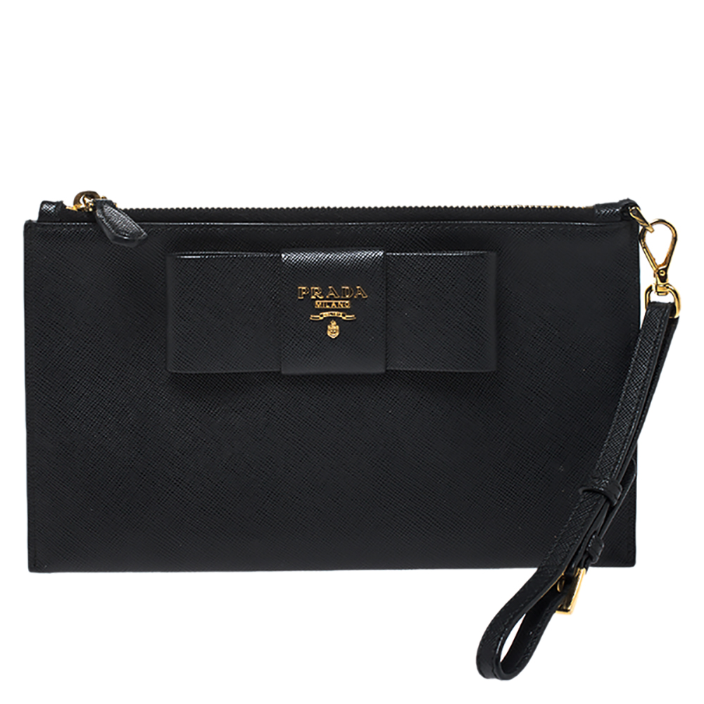 Pre Owned Prada Black Saffiano Fiocco Leather Wristlet Pouch