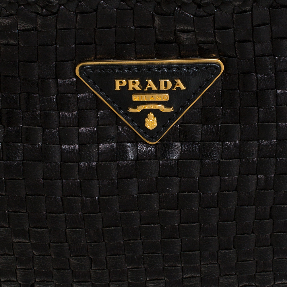 Prada Zip Clutch Madras Woven Leather Large Black 1204501