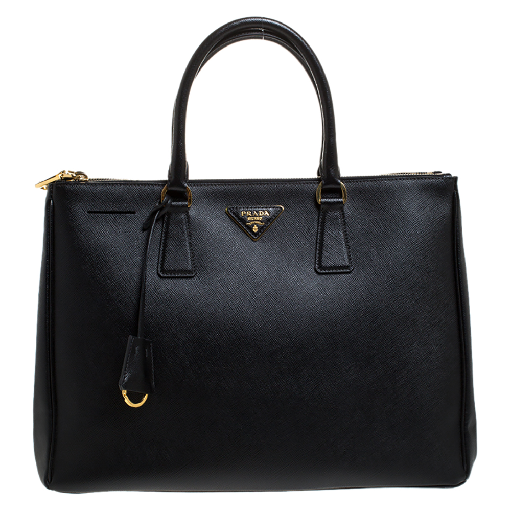 Pre Owned Prada Black Saffiano Lux Leather Large Double Zip Tote