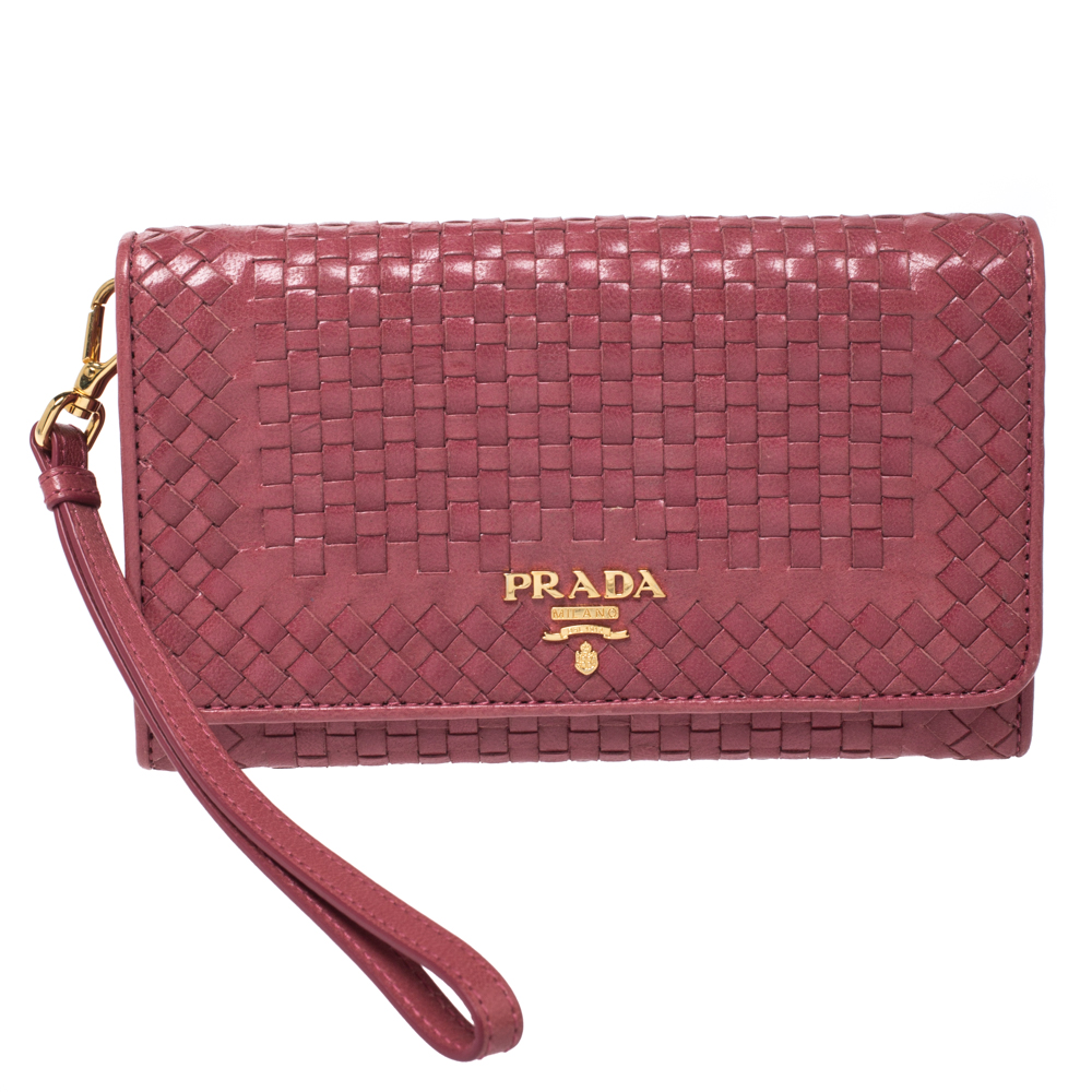 Pre Owned Prada Pink Woven Leather Madras Wristlet Wallet