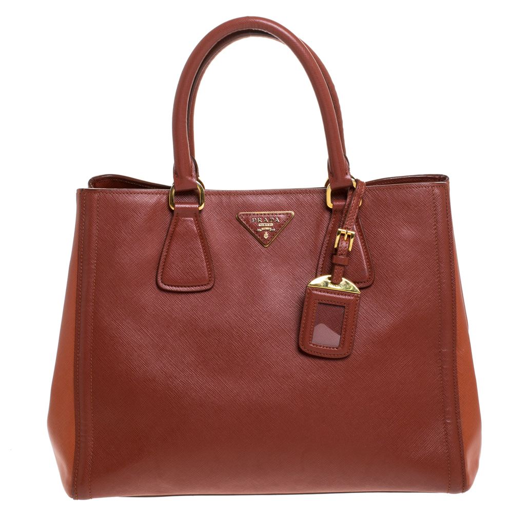 Pre Owned Prada Brown/Orange Saffiano Leather Medium Tote