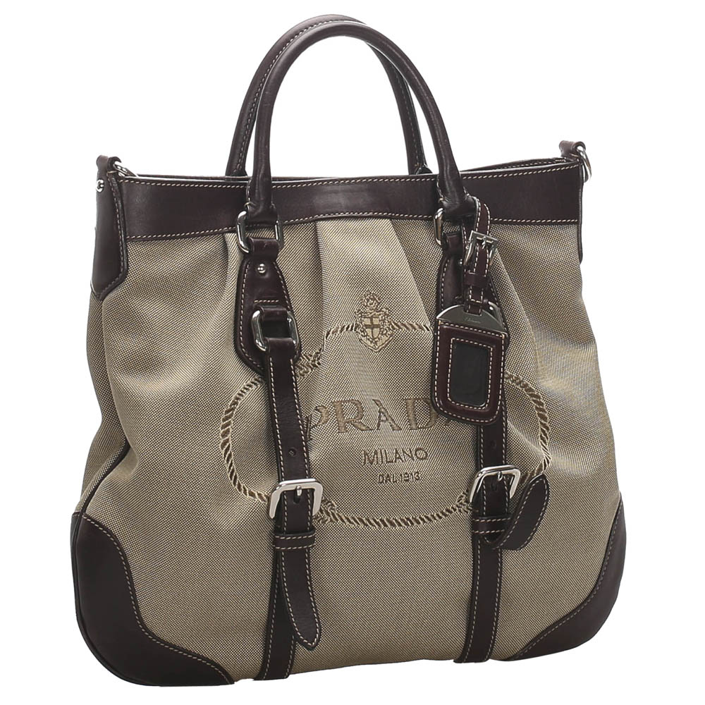 

Prada Brown Canvas And Leather Canapa Satchel, Beige