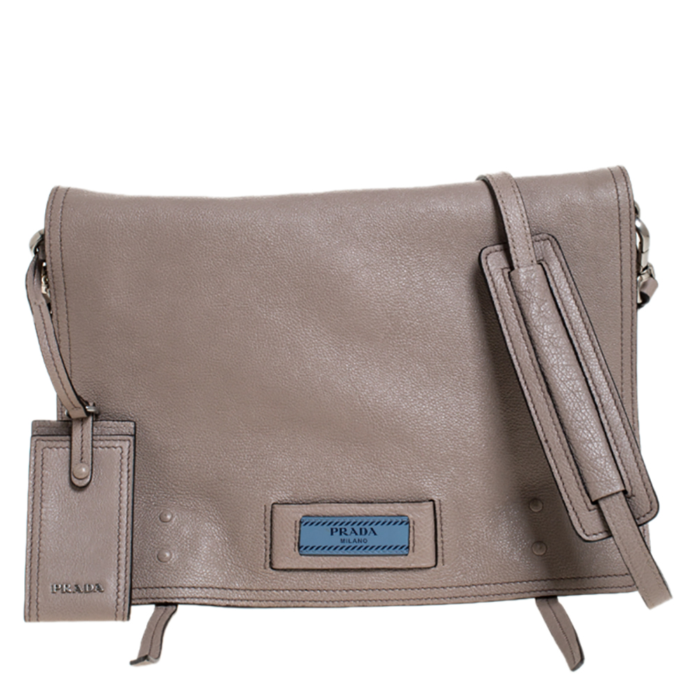 Prada Beige Leather Etiquette Flap Messenger Bag