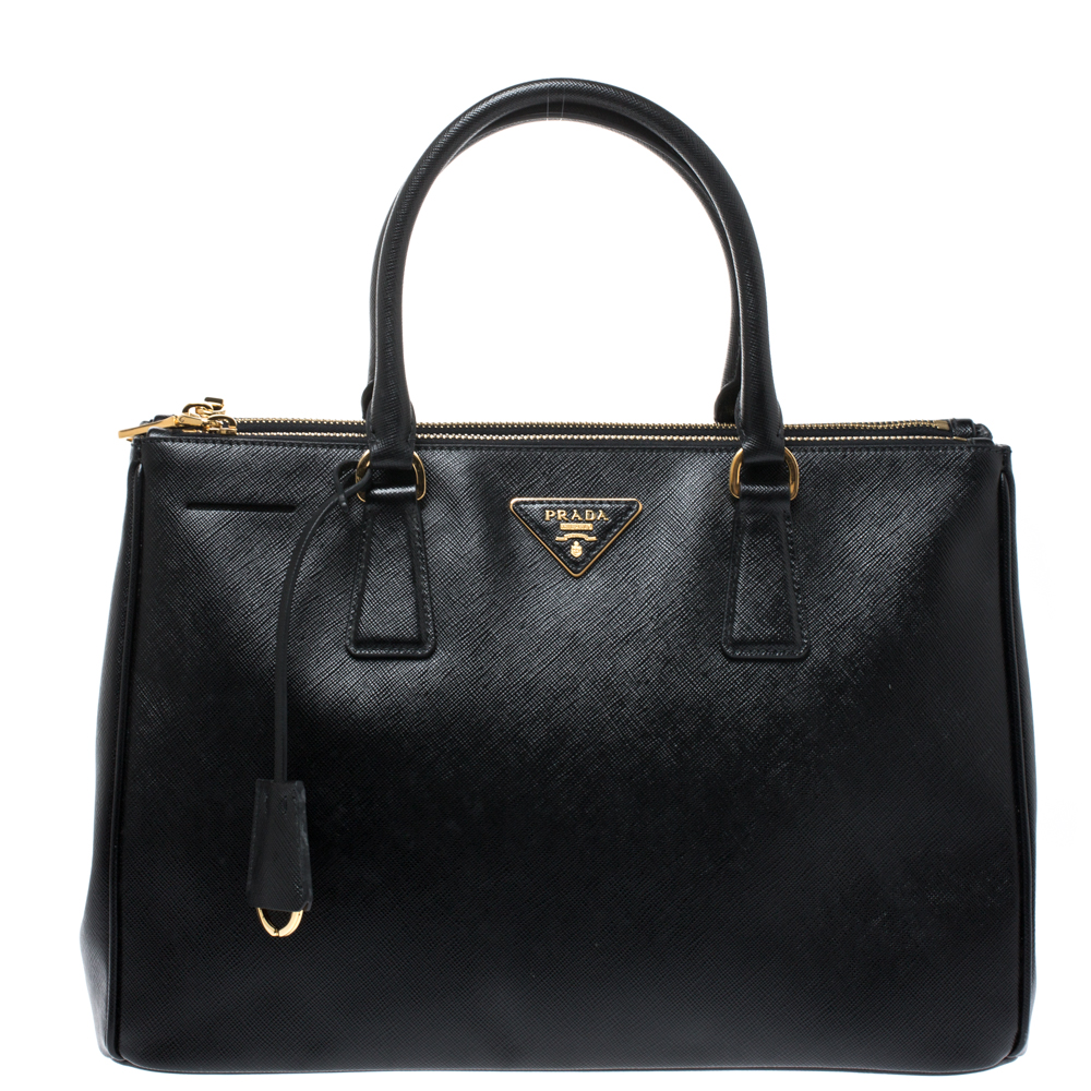 Pre Owned Prada Black Saffiano Lux Leather Medium Double Zip Tote