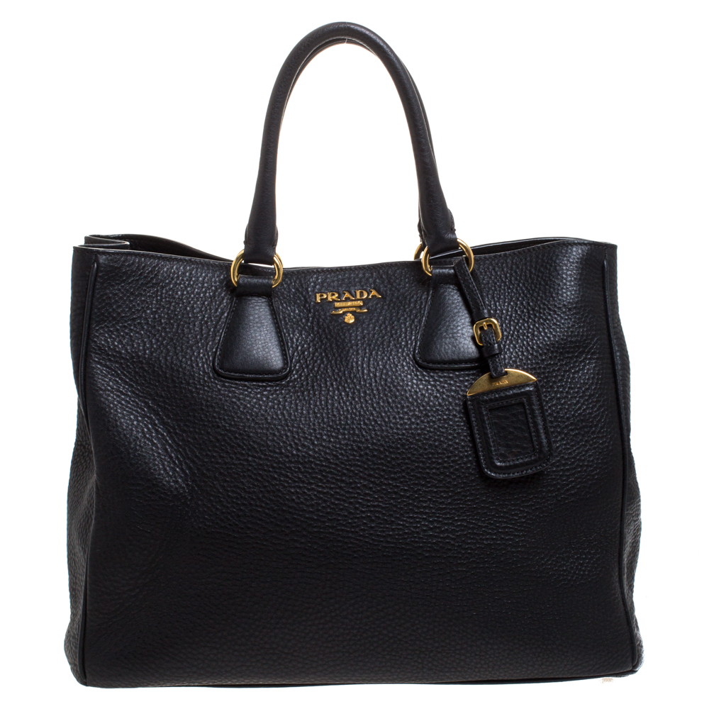 Pre Owned Prada Black Vitello Daino Leather Shopper Tote