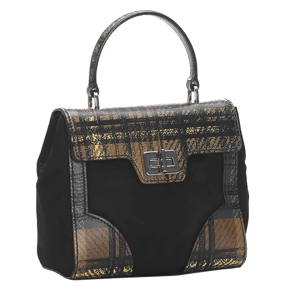 

Prada Black/Brown Nylon And Leather Plaid Satchel