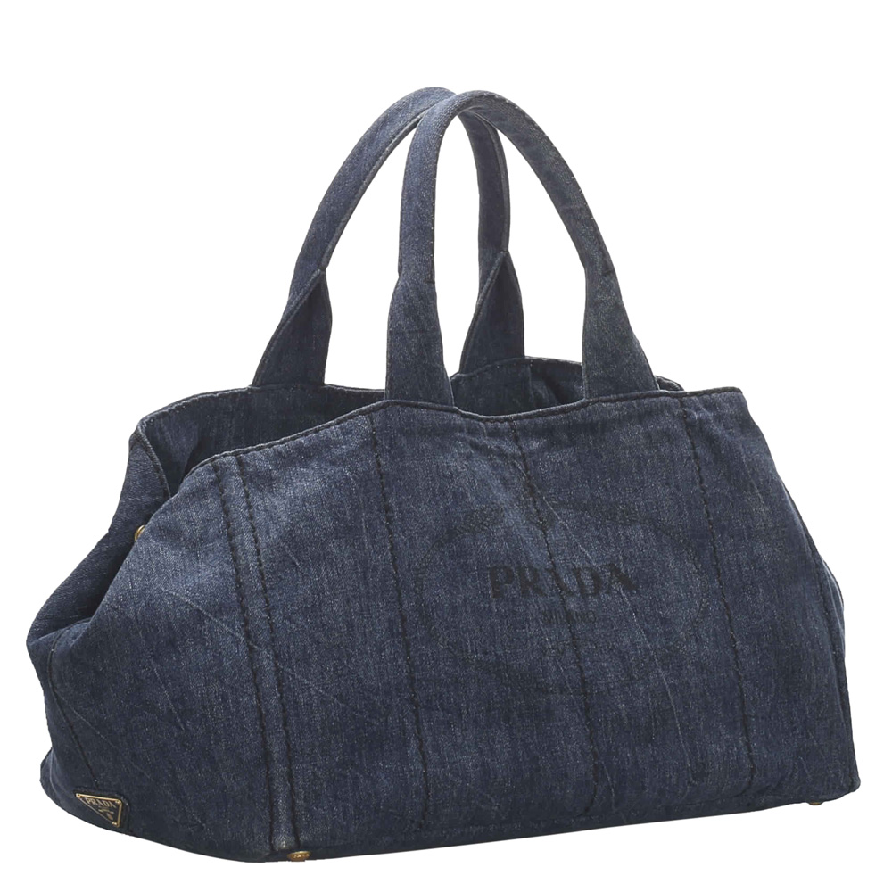 

Prada Blue Canapa Denim Canvas Tote Bag
