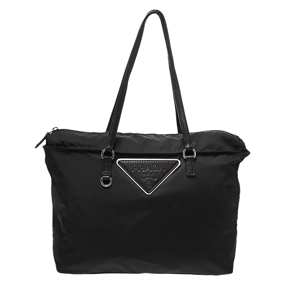 Pre Owned Prada Black Nylon and Leather Tessuto Shopper Tote