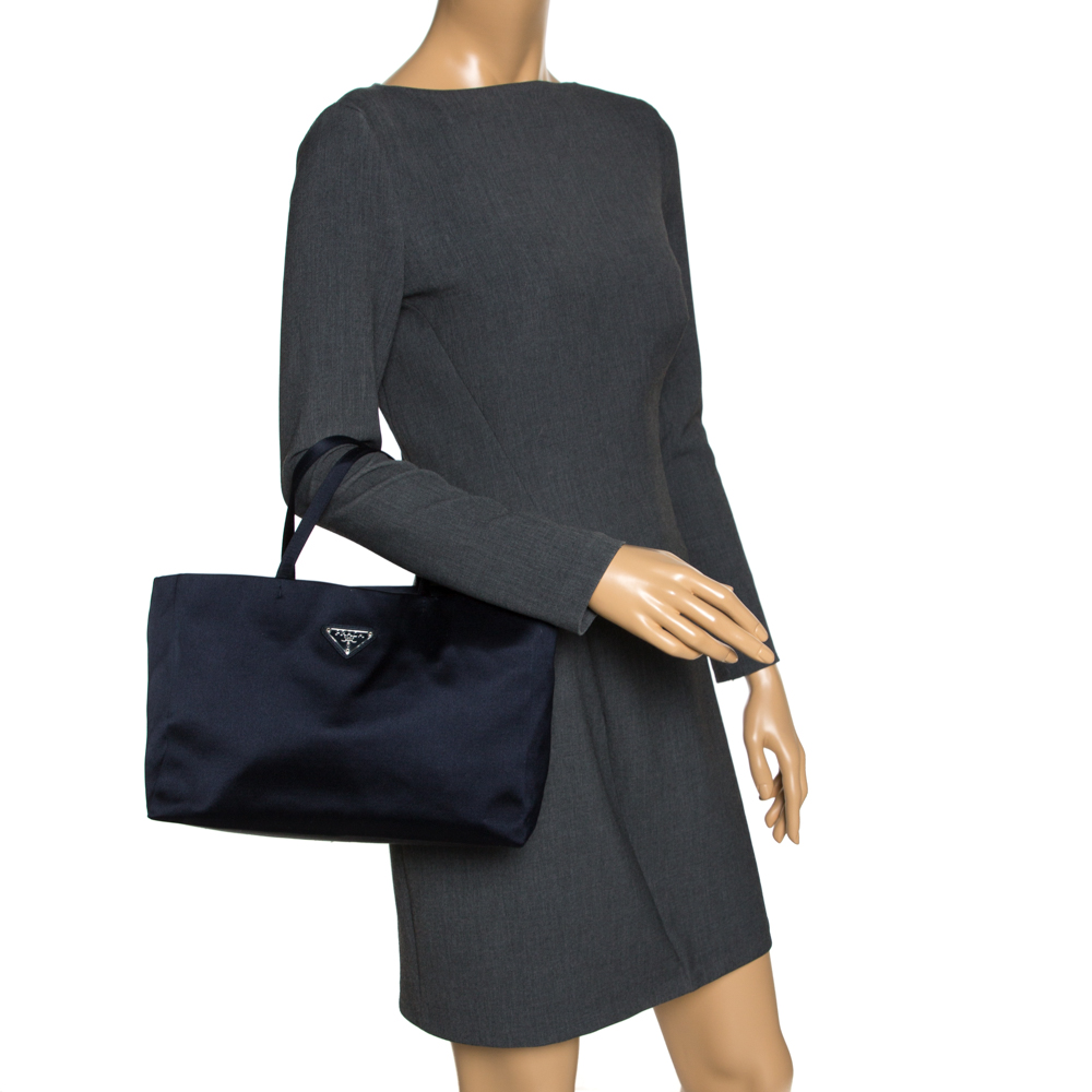 

Prada Navy Blue Satin Shopper Tote