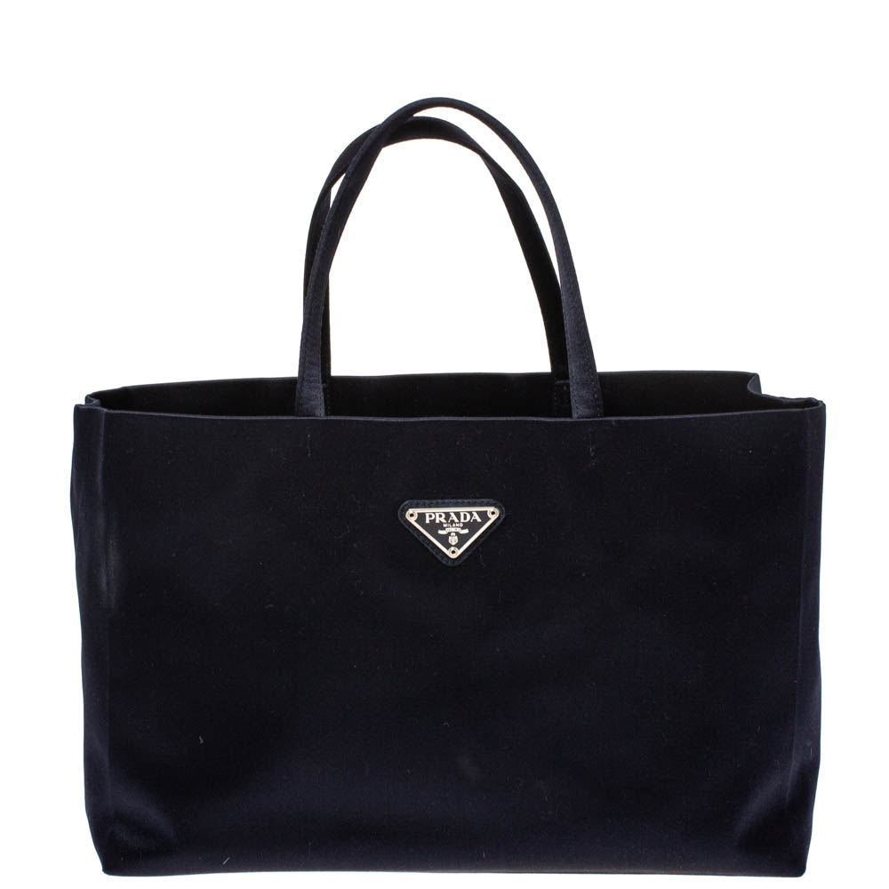 Pre-owned Prada Navy Blue Satin Shopper Tote | ModeSens