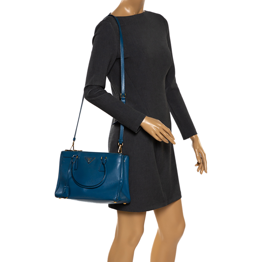 

Prada Blue Saffiano Lux Leather Small Double Zip Tote