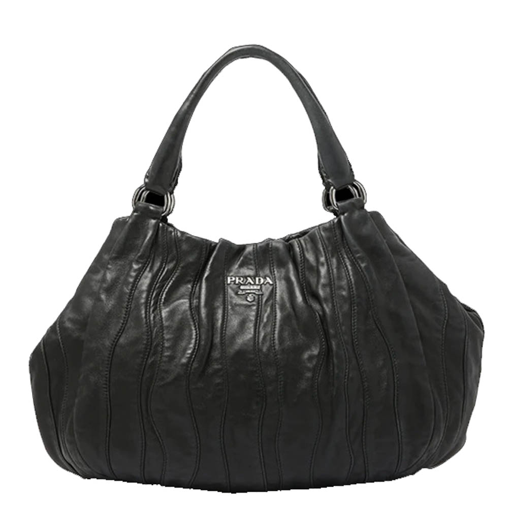 Pre Owned Prada Black Nappa Leather Waves Hobo
