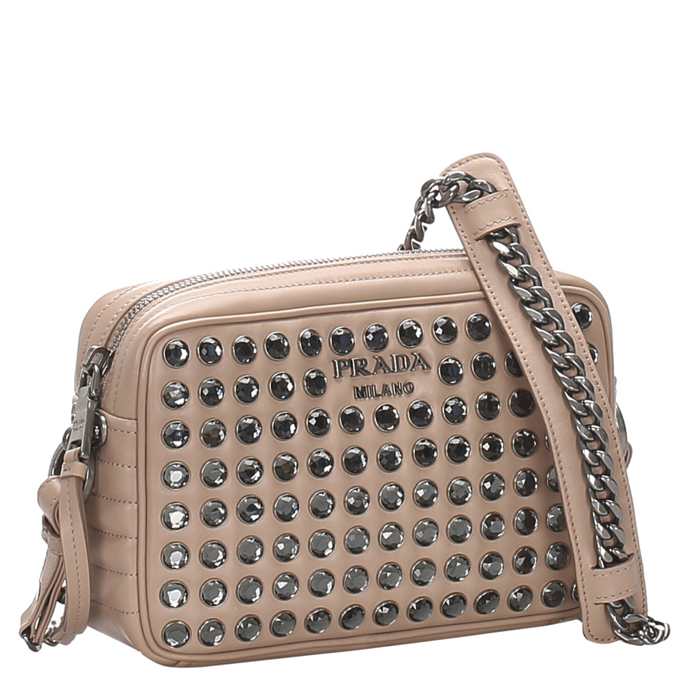 

Prada Brown/Beige Leather Studded Diagramme Crossbody Bag