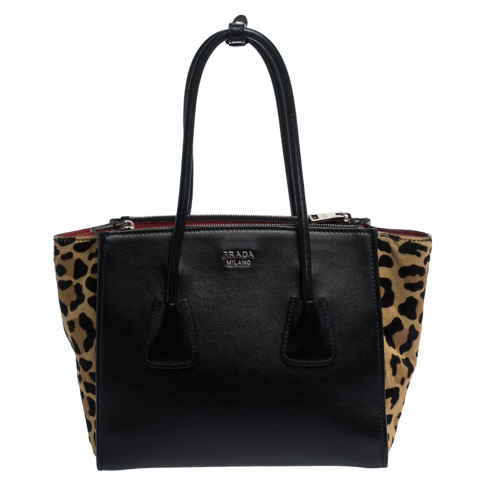 Pre Owned Prada Black/Brown Leather and Calfhair Twin Pocket Tote