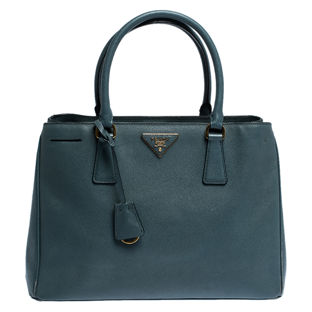 Pre Owned Prada Moss Green Saffiano Lux Leather Medium Galleria Tote