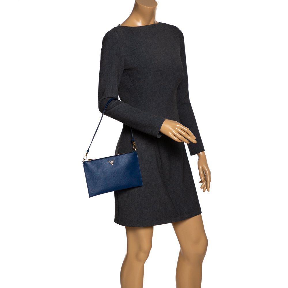 

Prada Blue Saffiano Lux Leather Vela Clutch Bag