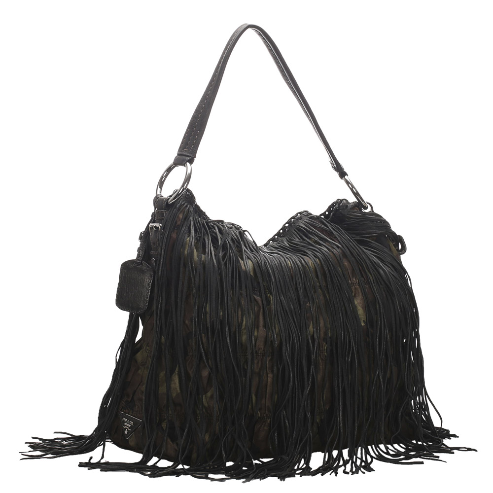

Prada Green/Black Tessuto Nylon Fringe Shoulder Bag