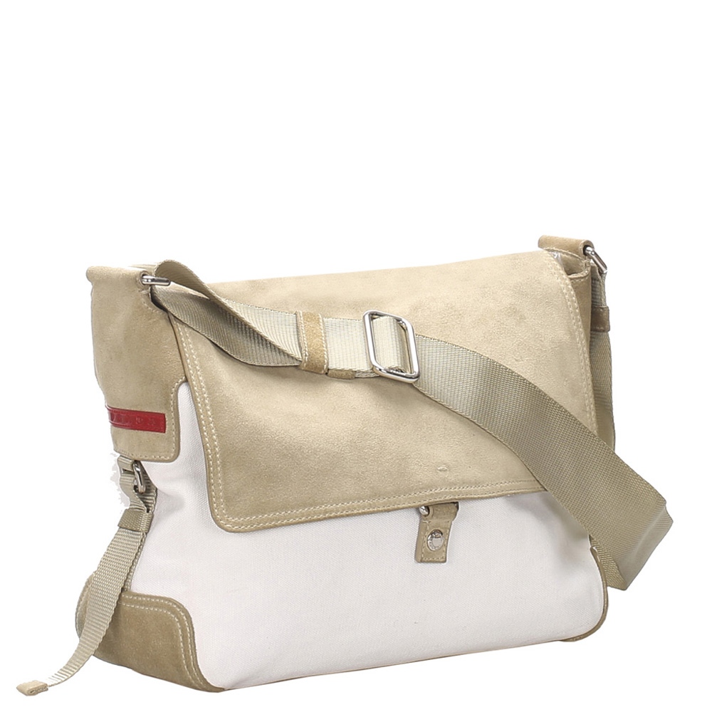

Prada White/Brown Canvas Crossbody Bag, Beige
