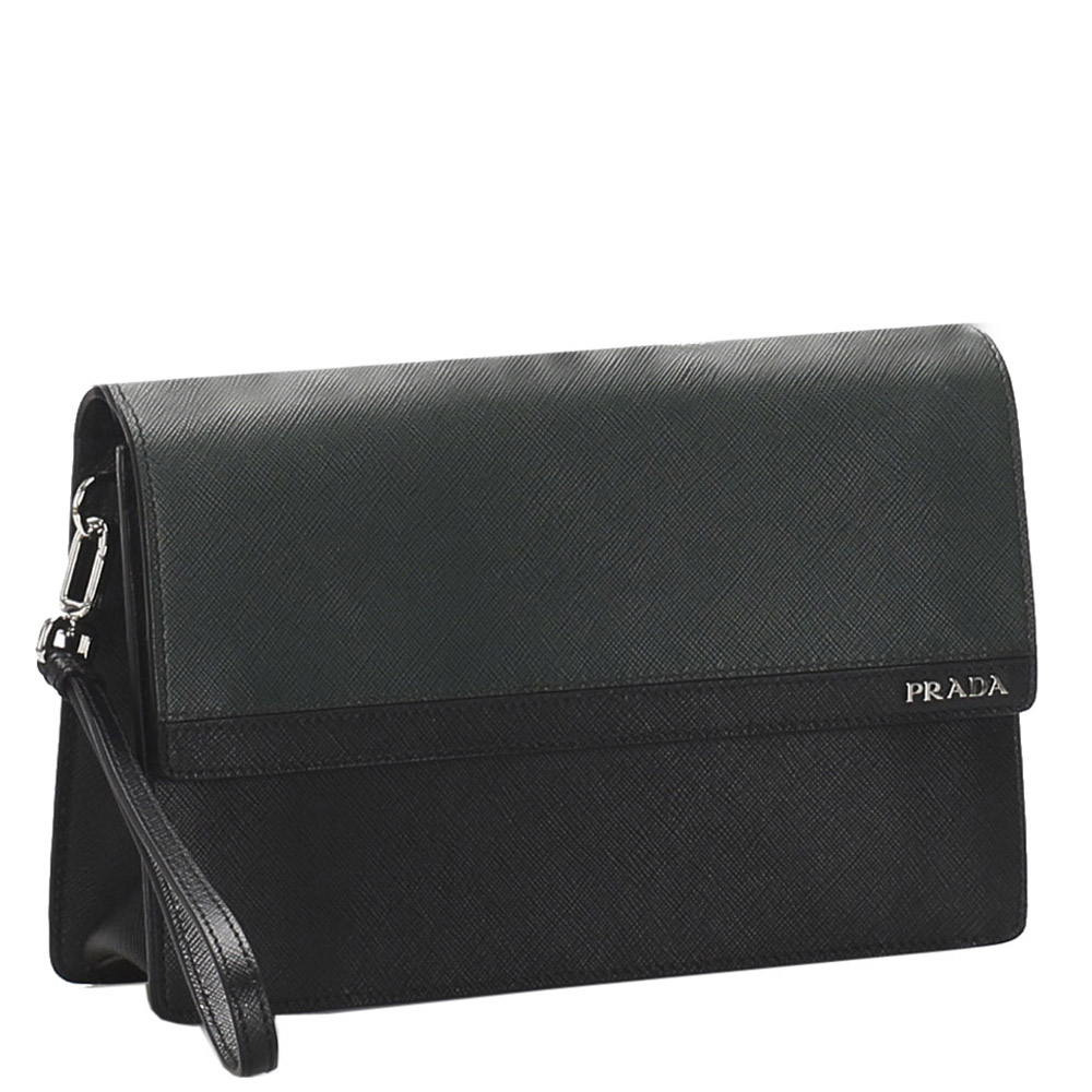 

Prada Dark Green/Black Saffiano Leather Clutch Bag, Brown