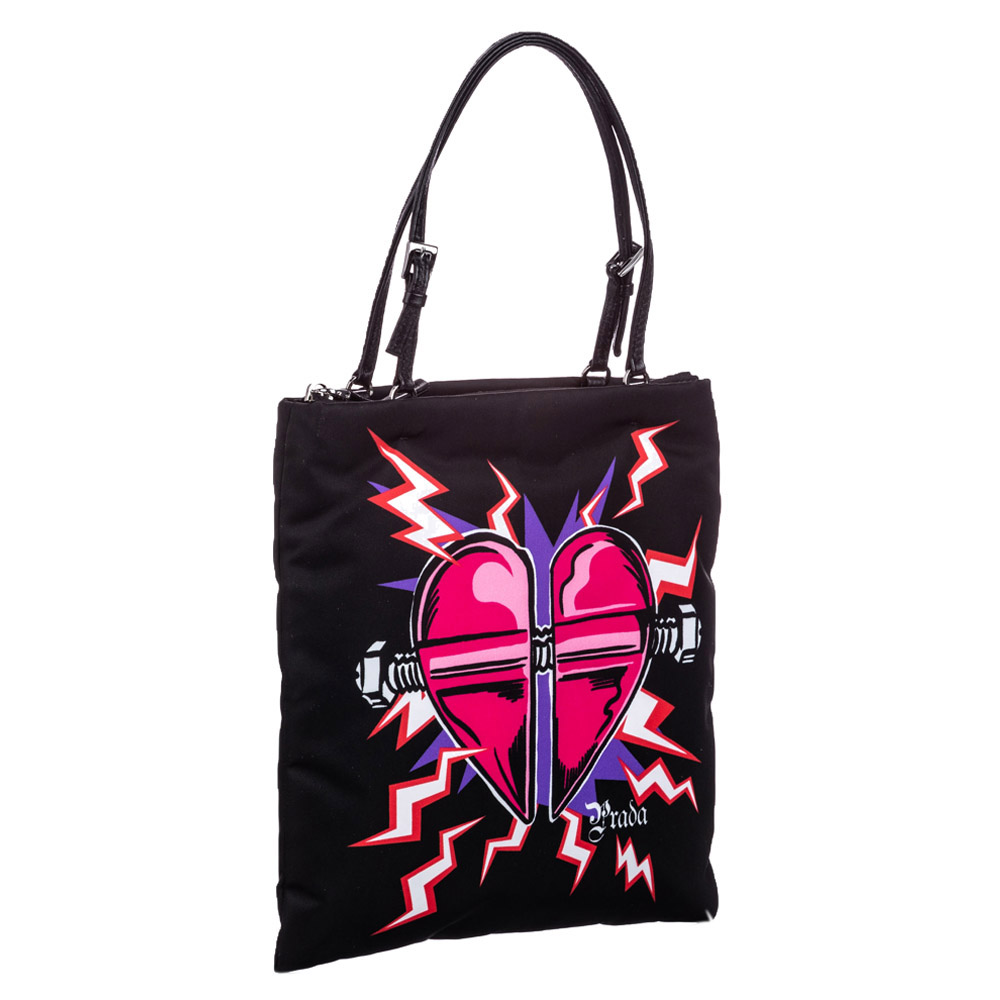 

Prada Black Nylon Tessuto Heart Print Tote Bag