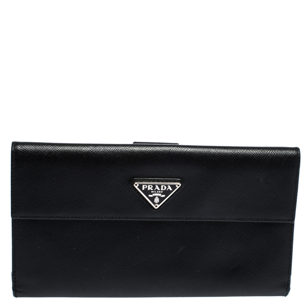 Pre Owned Prada Black Saffiano Lux Leather Continental Wallet