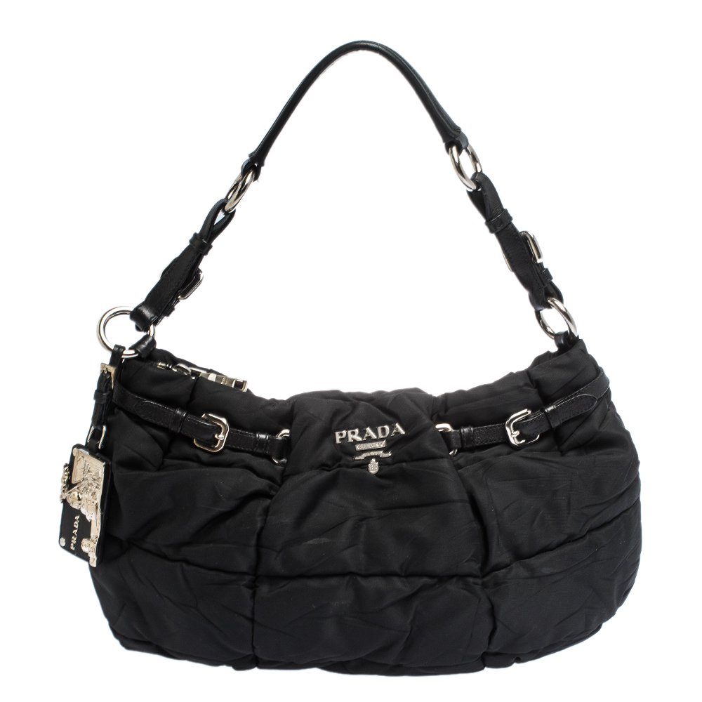 Pre Owned Prada Black Pleated Nylon Buckle Hobo