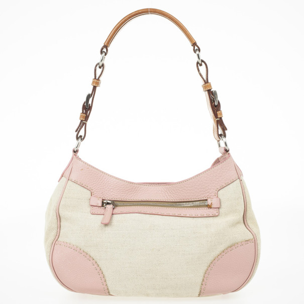 Pre Owned Prada Pink Trim Logo Jacquard Hobo Bag