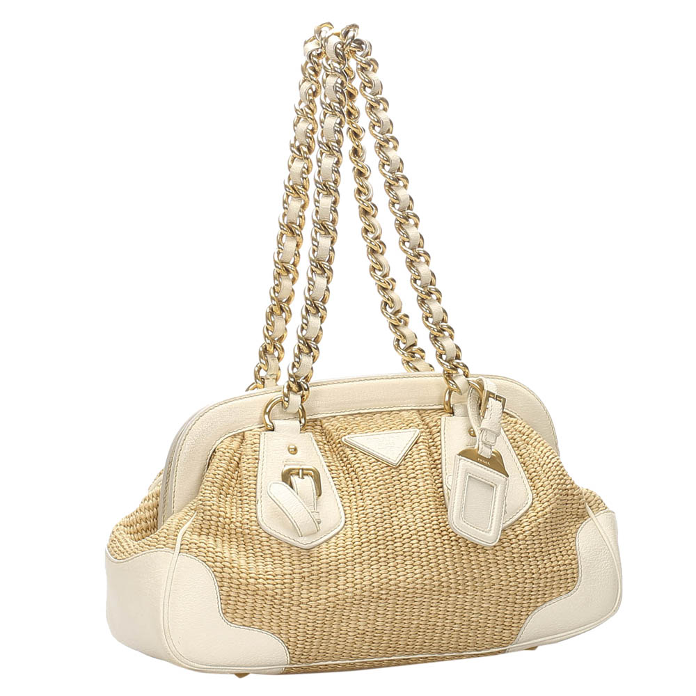 

Prada Brown Raffia And Leather Frame Shoulder Bag, Beige
