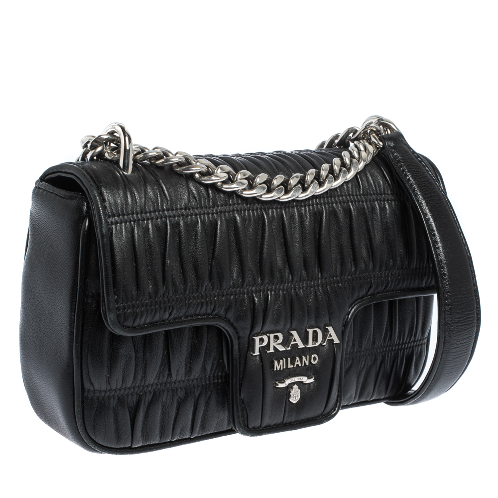 Prada Black Nappa Gaufre Leather Flap Chain Shoulder Bag