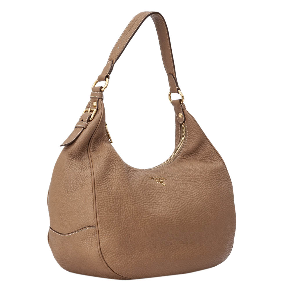 

Prada Brown Vitello Daino Leather Hobo Bag
