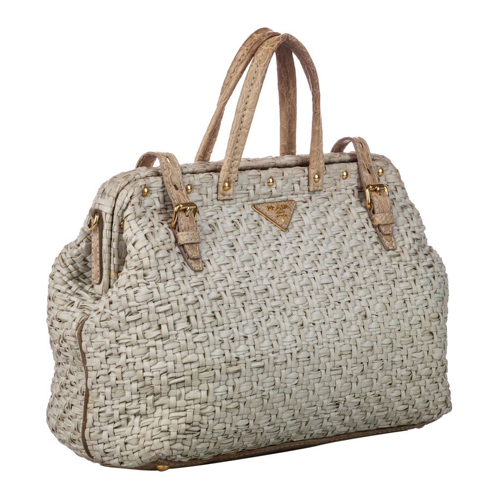 

Prada Brown Tessuto Woven Nylon Satchel, Beige