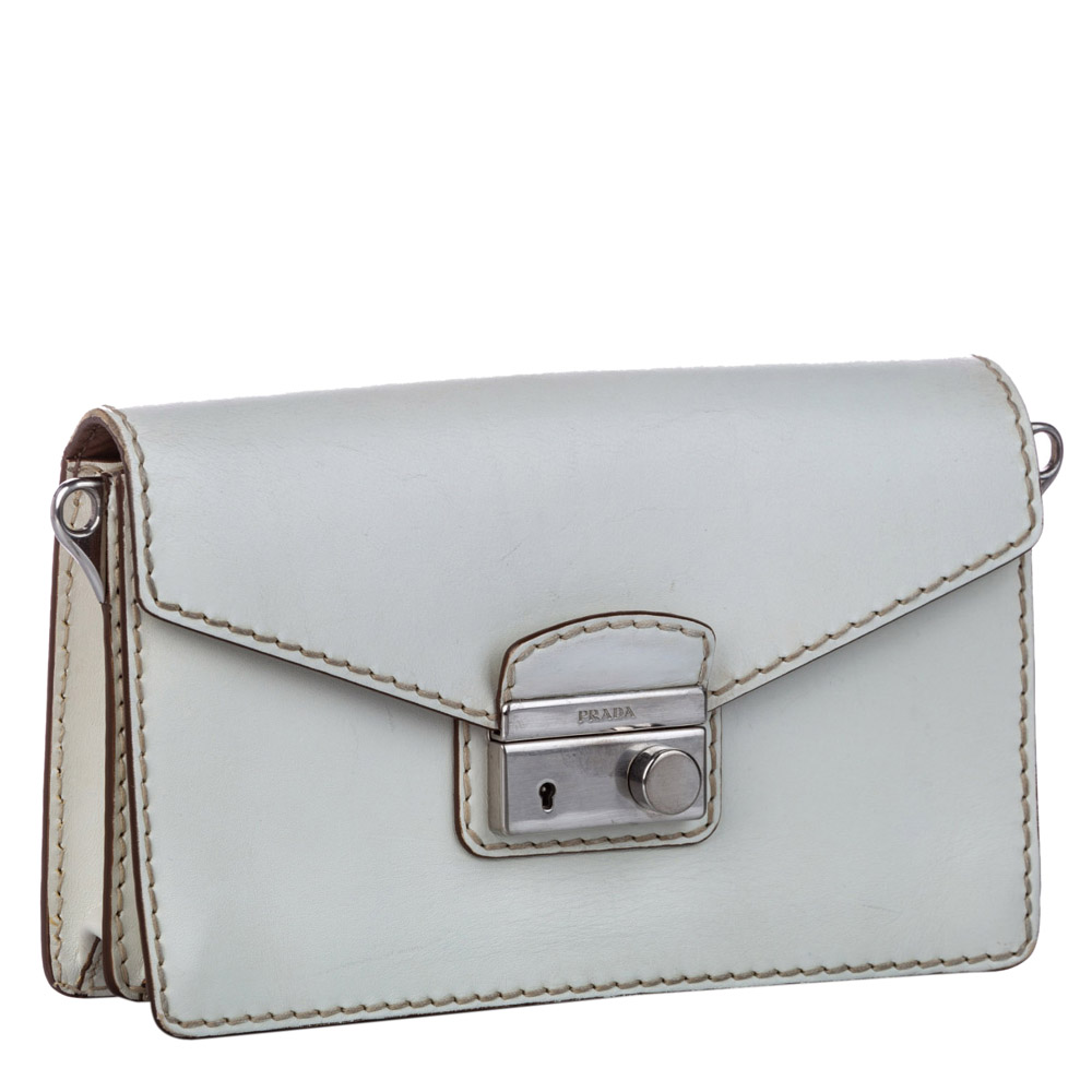 

Prada White Leather Sound Crossbody Bag, Silver
