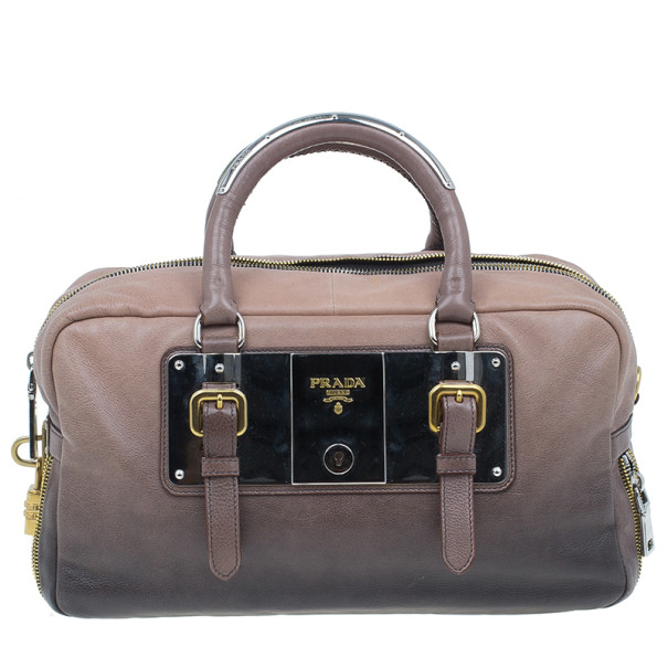 Pre Owned Prada Beige & Brown Ombre Glace Leather Zipper Satchel
