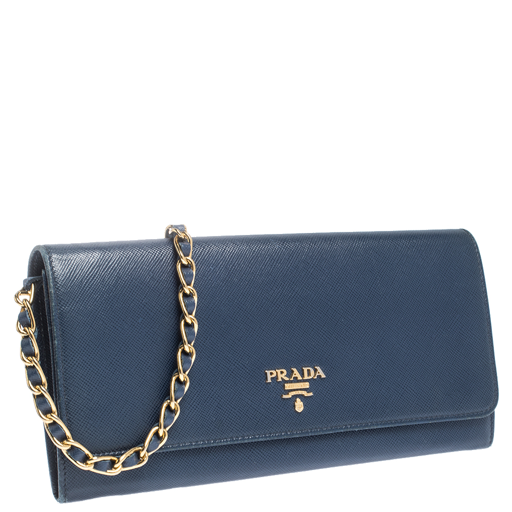 Prada Saffiano Wallet On Chain in blue calf leather leather ref