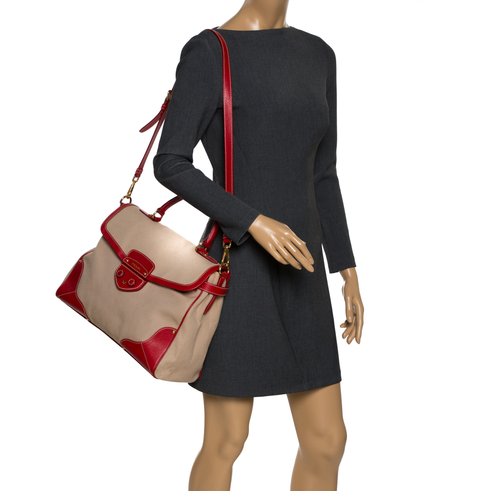 

Prada Beige/Red canvas and Leather Cinghiale Top Handle Bag