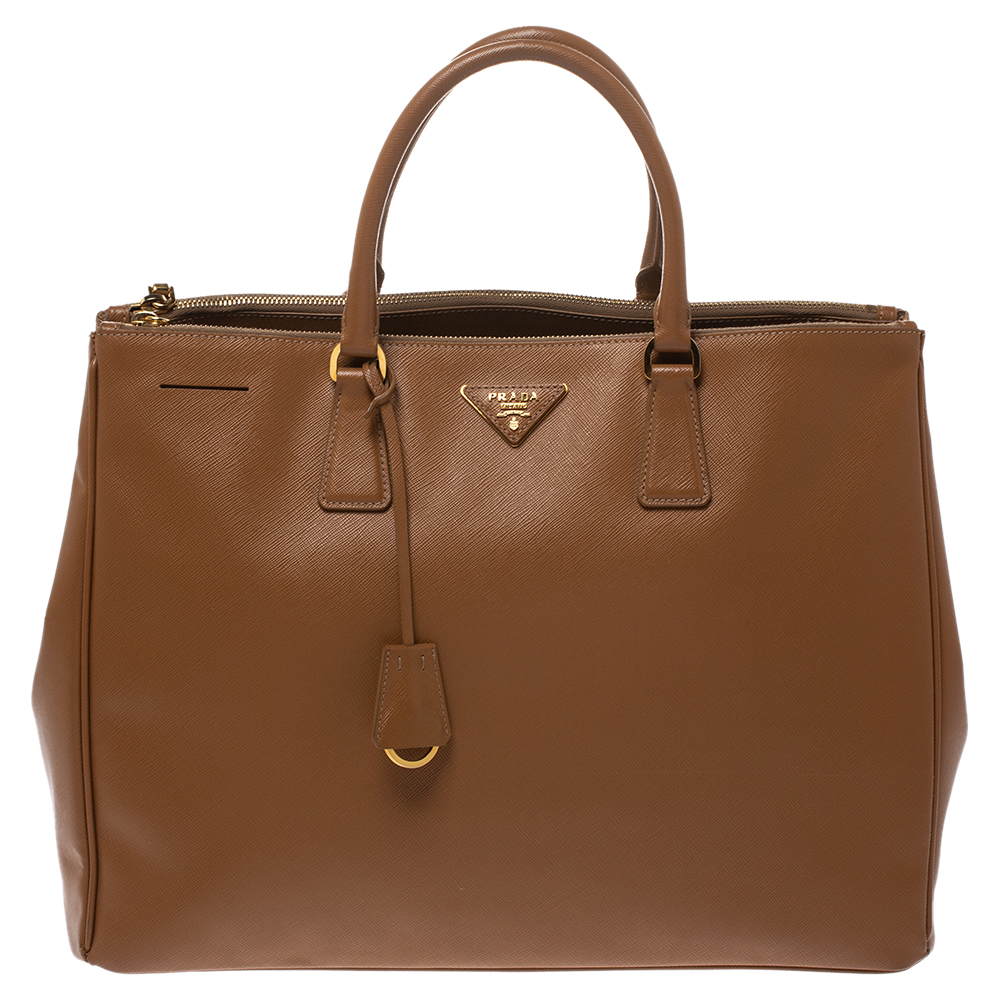 Pre Owned Prada Tan Saffiano Lux Leather Double Zip Executive Tote