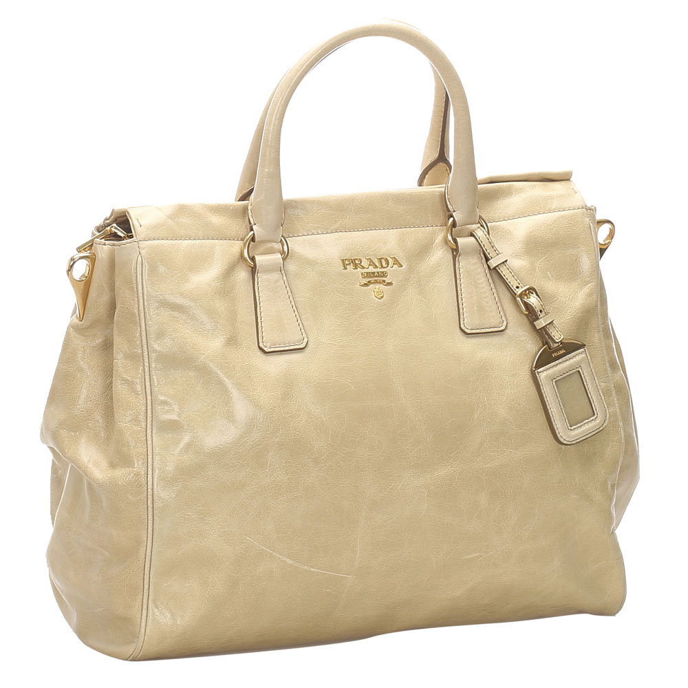 

Prada Brown Vitello Lux Leather Satchel, Beige